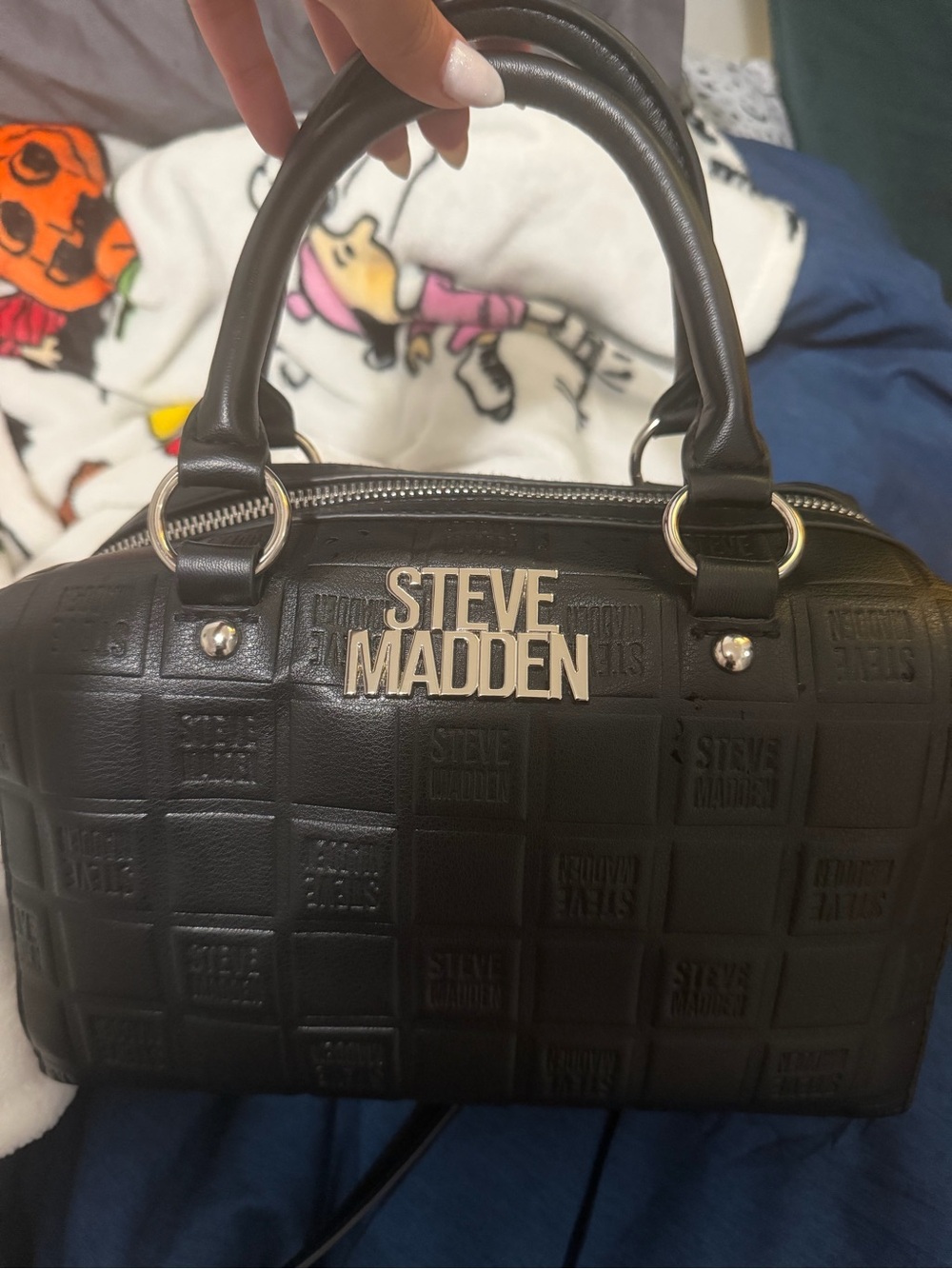 Steve Madden Black Embossed Logo Dome Satchel with Gold Hardware